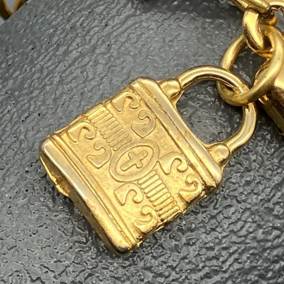 Lock Charm Bracelet As Is Cross Gold Chunky Chain Purple Leather Strap Retro - Picture 2 of 8